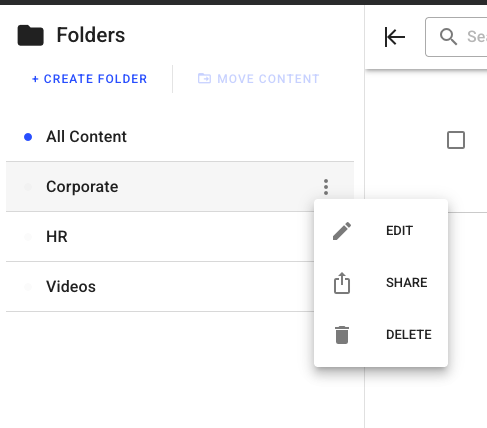 Folder management interface showing options to edit, share, and delete content.